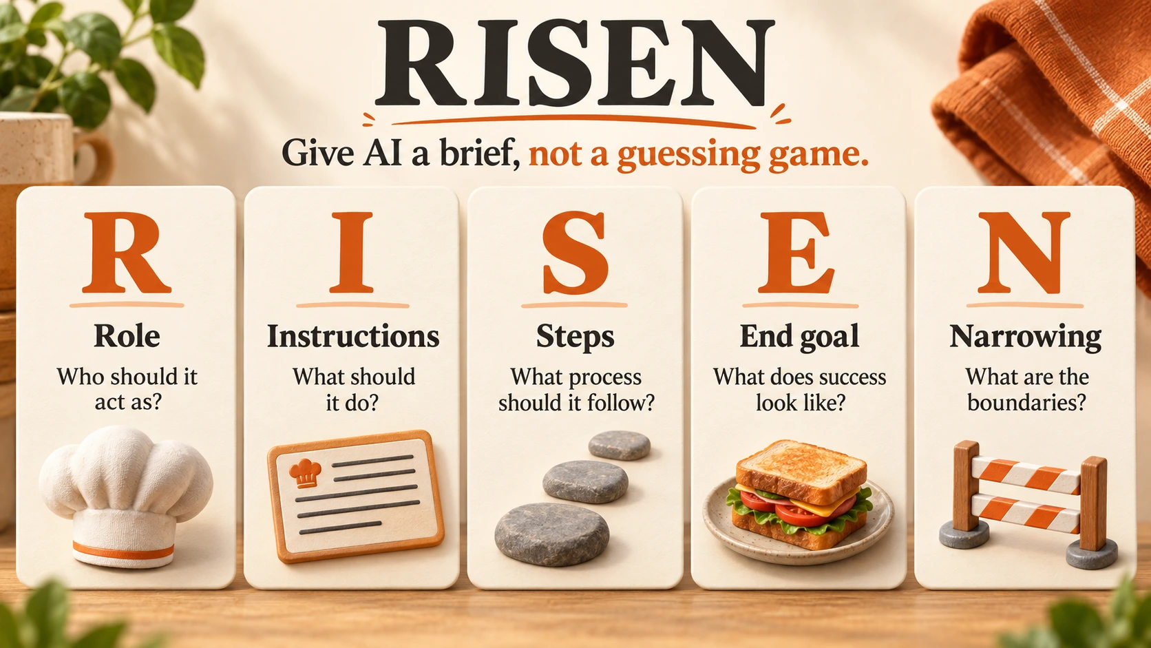 The five parts of RISEN: Role, Instructions, Steps, End goal and Narrowing, each paired with a practical question.