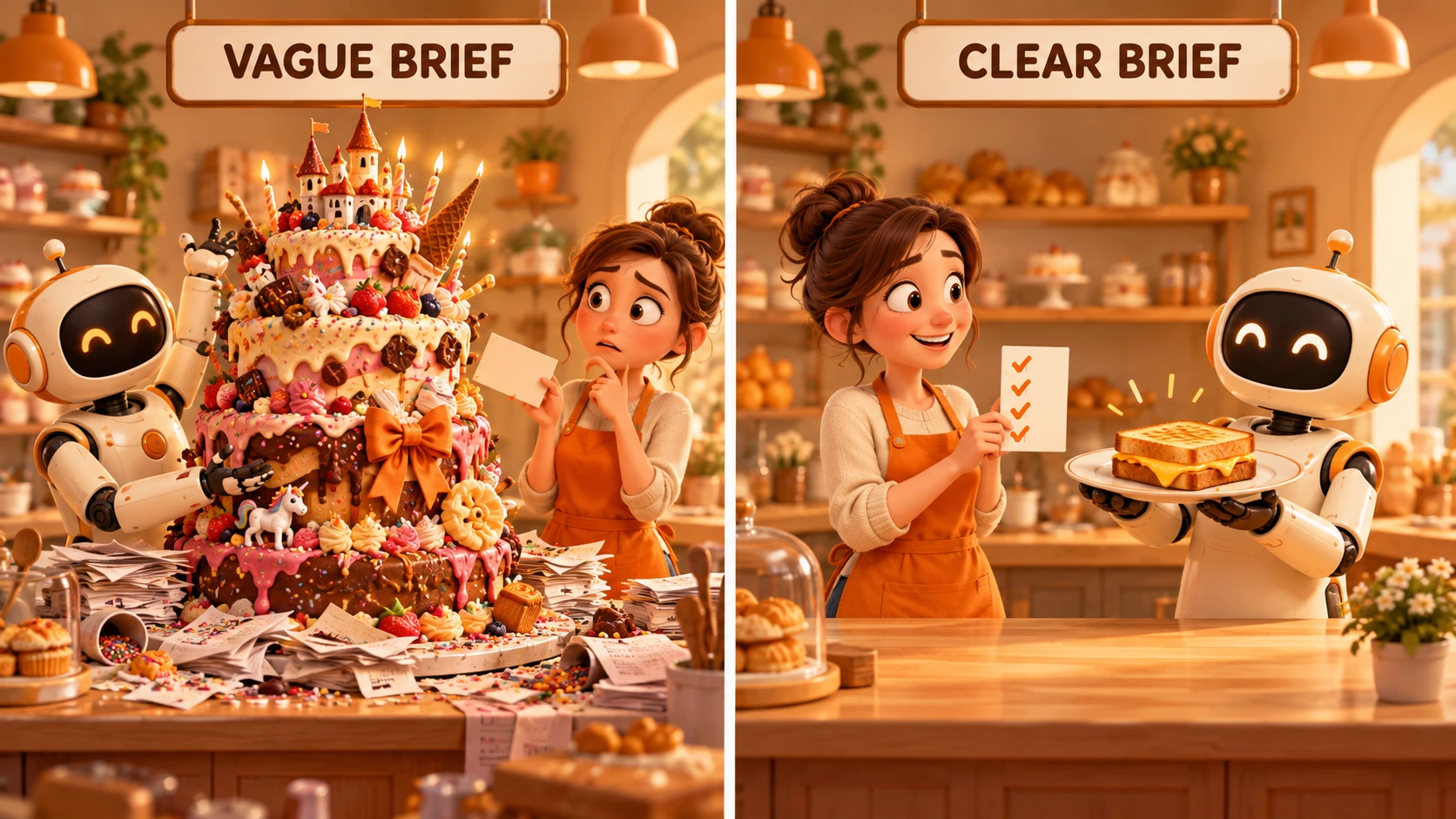 A vague brief produces an oversized cake and paperwork; a clear checklist produces the simple sandwich the owner wanted.